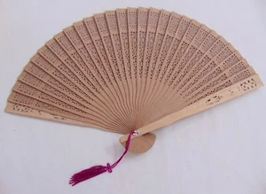 Vintage 1960's Carved Sandlewood Hand Fan Beige Purple Tassel NIB #66 - Picture 1 of 4