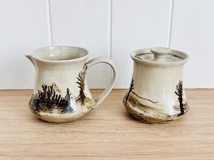 Vintage Mochaware Studio Art Pottery Milk Jug & Sugar Bowl Incised EG Shepherd - Picture 1 of 11