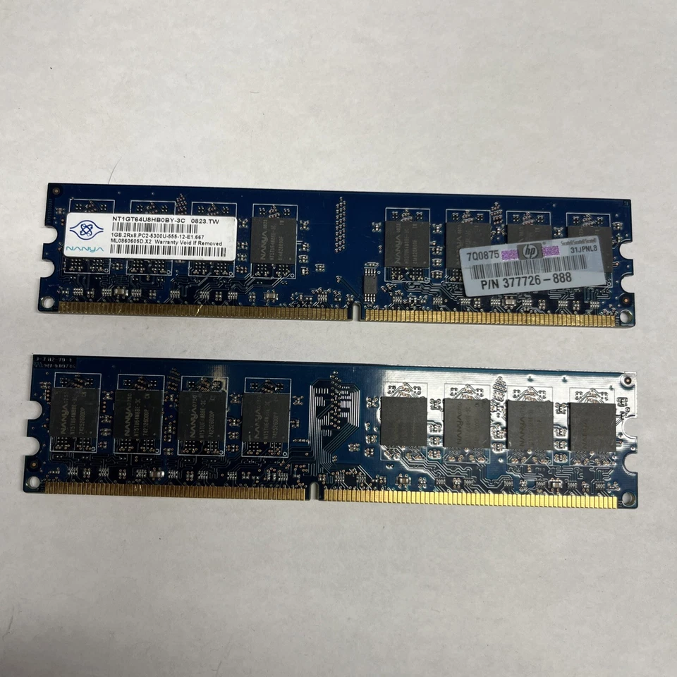 NT1GT64U8HBOBY-3C 1GB 667Mhz 240-PIn 2Rx8 DIMM PC2-5300U 377726-888 - Image 1 of 2