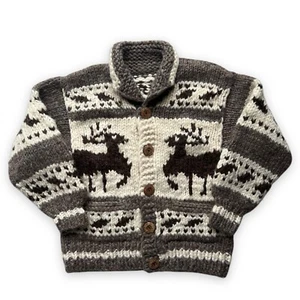 Womens Vintage Cowichan Wool Cardigan Jacket Chunky Knit Reindeer Christmas - Picture 1 of 12