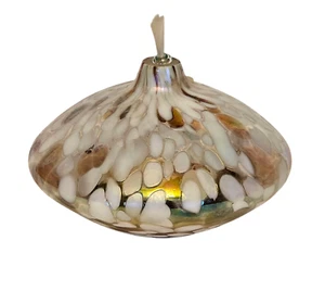 Vintage Art Glass Oil Lamp Hand Blown Iridescent White Confetti w Wick 3.5" - Picture 1 of 5