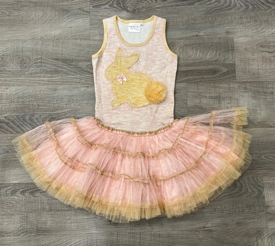 Ooh! Vestido tutú de diseñador La La Couture para niñas talla 6 rosa tul jaspeado bronceado conejito Foto 1 de 4