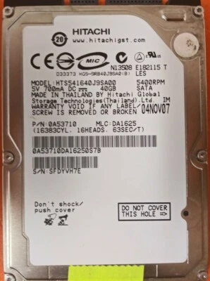 ⭐️⭐️⭐️⭐️⭐️ HDD Hard Drive SATA Laptop 2.5" Hitachi HTS541640J9SA00 40GB A53710 - Image 1 of 3