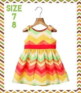 GIRLS 7, 8 FESTIVE STRIPED SLEEVELESS HOLIDAY DRESS in RED YELLOW ORANGE & GREEN - Picture 1 of 5