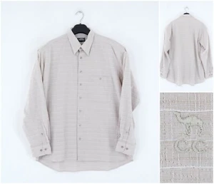 Mens CAMEL Shirt Large Size Vintage Beige Striped Long Sleeve Casual Top - Picture 1 of 9