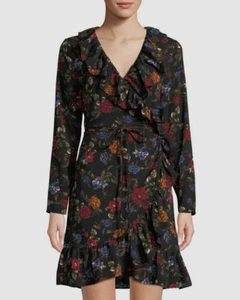 $388 Kensie Women's Black Floral Print Wrap Front Ruffle Sheath Dress Size 8 - Picture 1 of 3