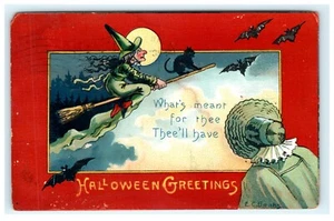 1909 Saluti di Halloween South Framingham MA E.C. Banks Gufo Strega Gatto Luna - Foto 1 di 2