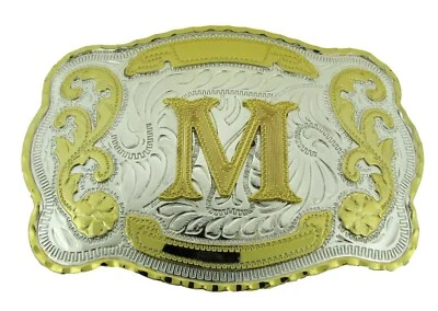 Initial Letter M Belt Buckle Western Rodeo Big Texas Style Gold Silver Metal New - Image 1 of 2