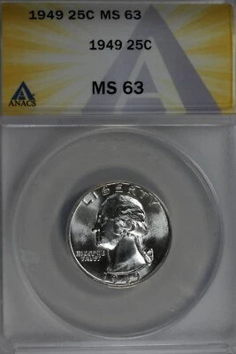1949  .25   ANACS   MS 63   Washington Quarter, Silver 25 Cents (0.25) - Image 1 of 2