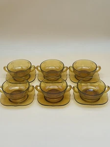 6er Set Vintage Georgische Wikinger Zweihenkel SUPPENSCHALEN mit UNTERTASSEN Braunglas - Bild 1 von 11