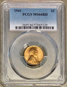 1941 Lincoln Cent (penny di grano), PCGS MS-66 RD - Foto 1 di 2