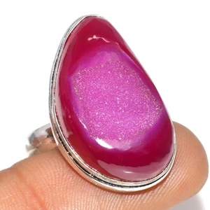 925 Silber plattiert rosa Botswana Druzy Ring Handarbeit Schmuck Größe US 11 GW - Bild 1 von 3