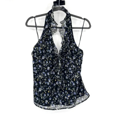 Blusa Top Topshop Negra Azul Ditsy Floral Volantes Halter Forrada Talla US 8 Foto 1 de 4