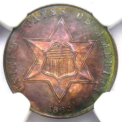 Moeda de prata de três centavos 1862 3CS - Certificada NGC MS67+ Plus Grade - Valor de US$ 5.750 - Imagem 1 de 4