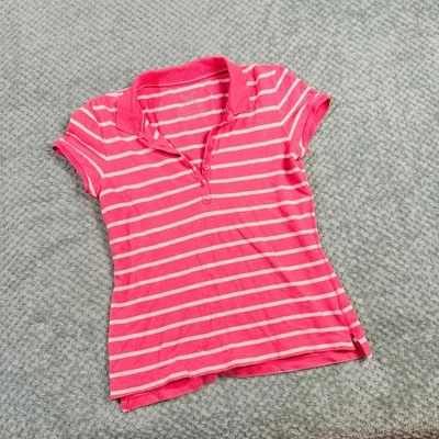 Vintage y2k Rosa/Blanco Rayas Manga Gorra Babydoll Manga Corta Polo Oficina Sire Foto 1 de 4