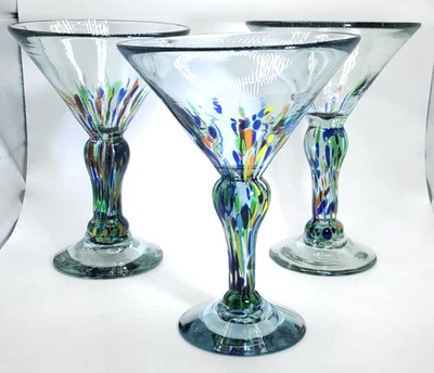 Hand Blown, Mexican Martini Glasses with Multi-colored Fused Glass - Image 1 of 4