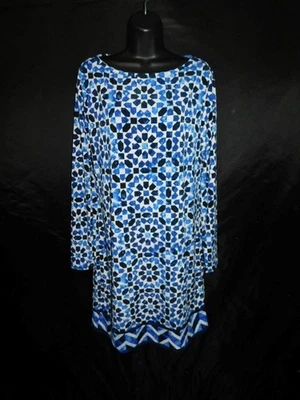 Michael Kors L Blue Black Geometric Jersey Stretch Knit Shift Dress Long Sleeve - Image 1 of 3