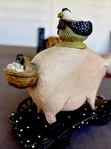 Williraye Studios 1996 Pig on Cart Pull Toy w Rooster & Basket Figurine WW1423 - Picture 1 of 12