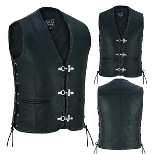 Men's Genuine Leather Western Vintage Style Waistcoat With Metal Fish Hooks - Picture 1 of 12