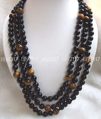 Collar de cuentas redondas 3 filas 8 mm ágata negra ojo de tigre amarillo piedras preciosas 20-22"" Foto 1 de 4