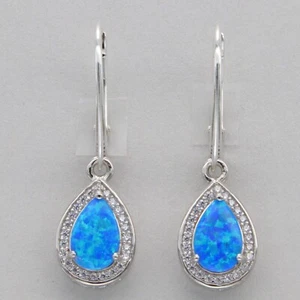 Blue Teardrop FIRE OPAL Leverback Earrings with CZs - 925 STERLING SILVER #68e - Picture 1 of 10
