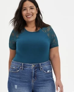 NWT TORRID Teal LACE Raglan FOXY TEE Size 00 M/L 10 SEXY - Picture 1 of 6