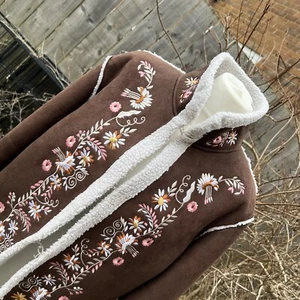 Afghan Brown Coat Jacket Embroidered Flowers Floral Casual & Co Vtg Penny Lane L - Picture 1 of 24