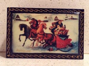 Russian Troika Horse Pulling Sleigh Ride Snow Small Jewelry Box Winter Christmas