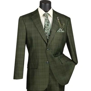 VINCI Men's Olive Sharkskin Glen Plaid 3pc Classic-Fit Suit - NEW - Picture 1 of 4