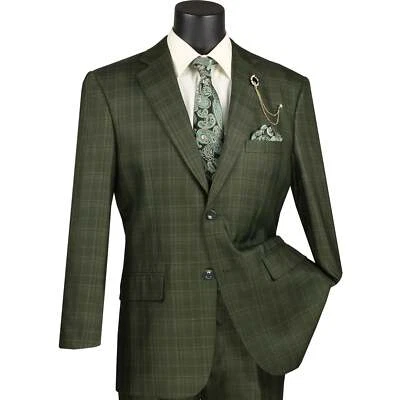 VINCI Men's Olive Sharkskin Glen Plaid 3pc Classic-Fit Suit - NEW - Image 1 of 4