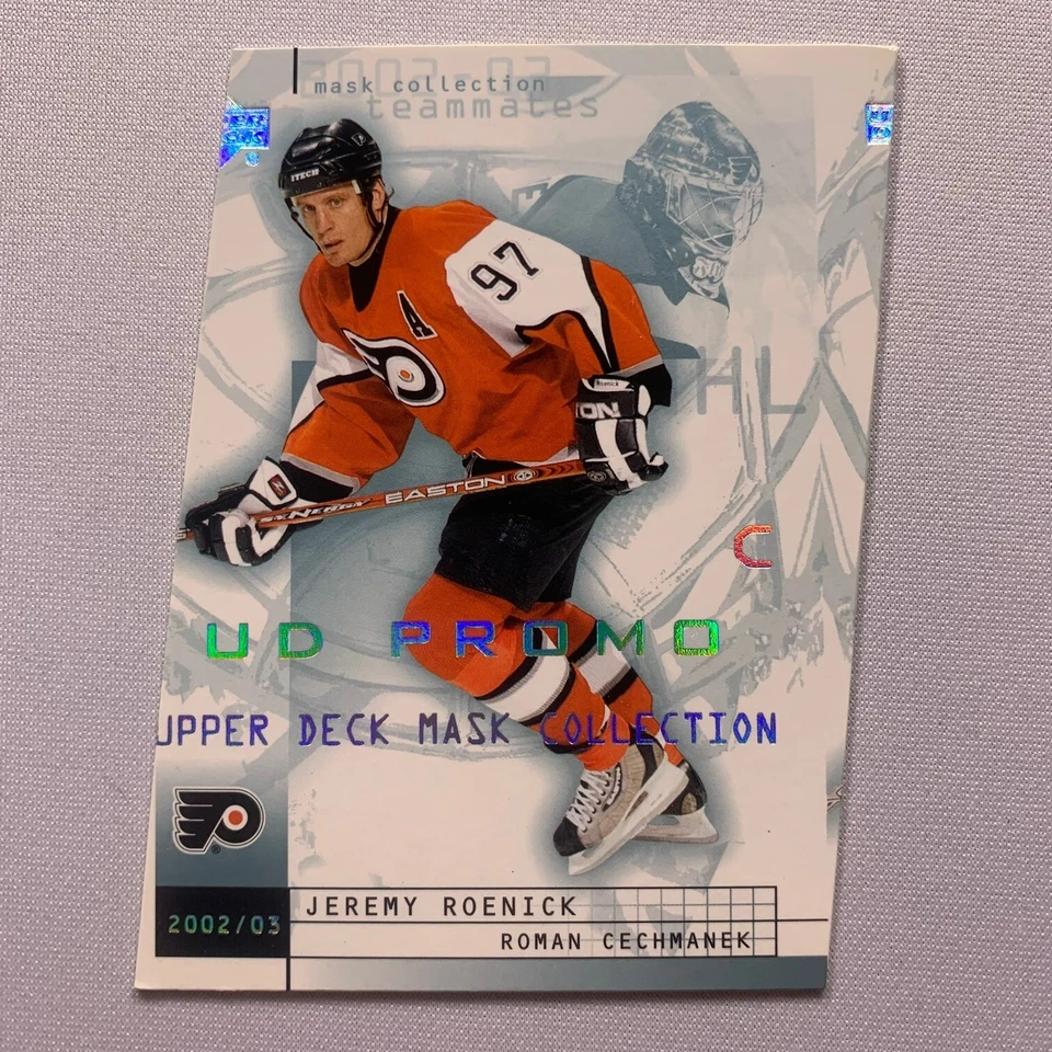 Jeremy Roenick Roman Cechmanek 2002-03 Upper Deck Mask Collection Promo MISCUT - Image 1 of 2
