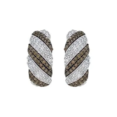 Aretes tipo argolla Huggie redondos de plata de ley con diamantes marrones blancos naturales de 1,35 quilates Foto 1 de 4