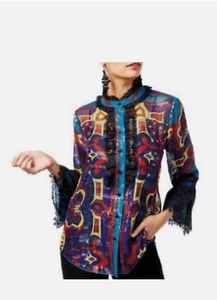 Anna Sui x INC Patterned Lace Silk Sz S Button Collar Coastal Boho Bell Sleeve - Picture 1 of 7