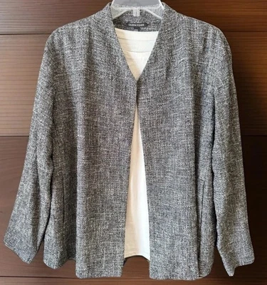 CHAQUETA DE CUELLO ALTO $328 NUEVA CON ETIQUETAS EILEEN FISHER NEGRA BLANCA FRENTE ABIERTO MEZCLA ALGODÓN LG Foto 1 de 4