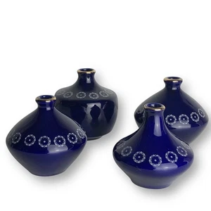 4 kobaltblaue Keramik Mini Knospe Räuchervasen Goldrand asiatisch schwedischer Stil 3,5" Höhe - Bild 1 von 13