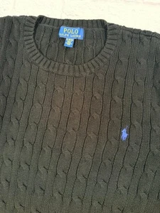 Polo Ralph Lauren Sweater Youth XL 18-20 Black Cable Knit Crewneck 100% Cotton - Picture 1 of 10
