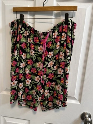 Cuddl Duds Pajama Sleep Shorts Black Pink Floral Drawstring Stretch Pockets - Image 1 of 4