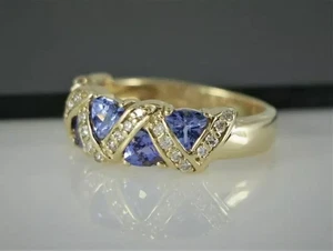 Trillion Lab Created Blue Tanzanite Diamond Wedding Ring 14K Yellow Gold Plated - Picture 1 of 5