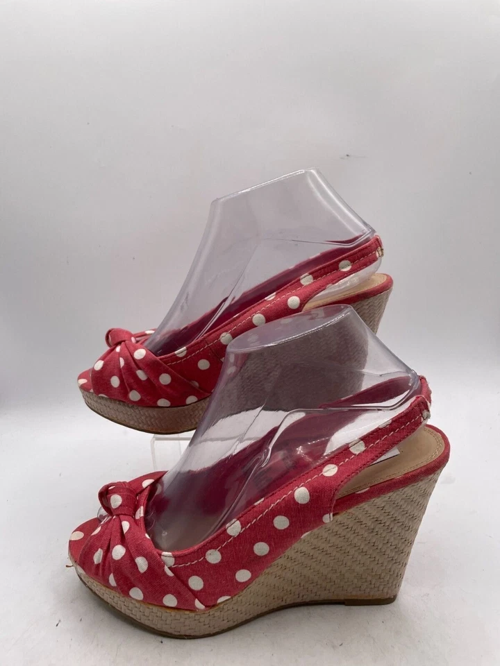 American Eagle Slingback Sandal Women's Sz 7W Red Cotton Polka Dot Wedge Heel - Image 1 of 4