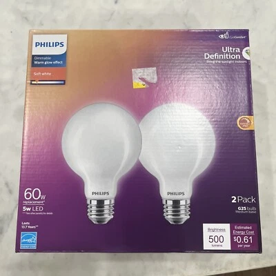 NEW 2-Pack Philips Opaque G25 Medium Base LED Bulbs 60W Soft White 500 Lumens  - Image 1 of 2