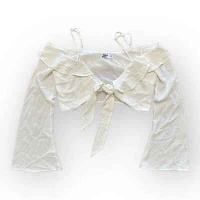 Top corto Tiger Mist blanco con volantes hombro frío lazo manga acampanada frontal talla L Foto 1 de 4