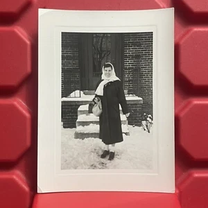 Woman Standing In The Snow With Jacket 3 x 4 1/8 Photograph Vintage 1950s - Picture 1 of 2