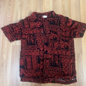Panama Jack Mens Shirt Medium Red Black Button Up Hawaiian Floral Hula Girls - Picture 1 of 4