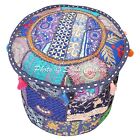 New Blue Patchwork Floor Pillow Footstool Round Pouf Cover Ottoman Home Decor