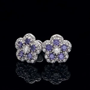 1CT Diamond Pave Amethyst Purple Flower Earrings 14k White Gold Studs Screw-Back - Picture 1 of 4