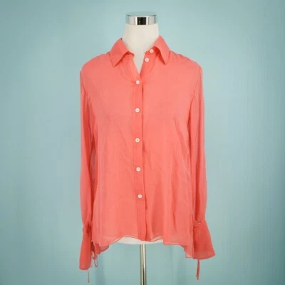 Blusa Top Carolina Herrera Talla 2 Coral Botón Manga Larga Semi Transparente Seda NUEVA Foto 1 de 4