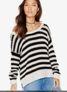 FREE PEOPLE Black White OVERSIZE Striped AT THE BEACH Chunky Knit Sweater XS #C2 - Picture 1 of 11