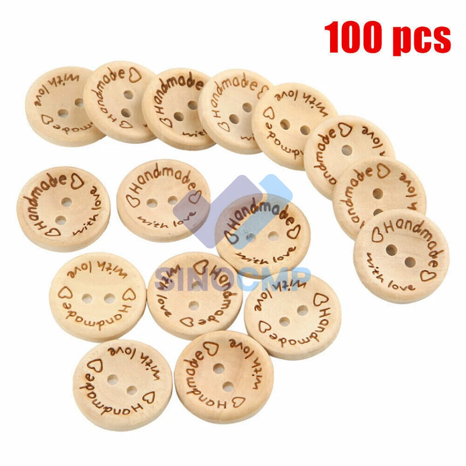 100pcs Wood Love Heart Handmade 2 Holes Wooden Buttons Sewing Scrapbooking DIY - Image 1 of 1