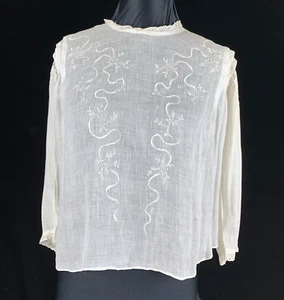 Antique True Victorian White Lawn Blouse M Embroidery Cutwork Tucks Small Flaws - Picture 1 of 12
