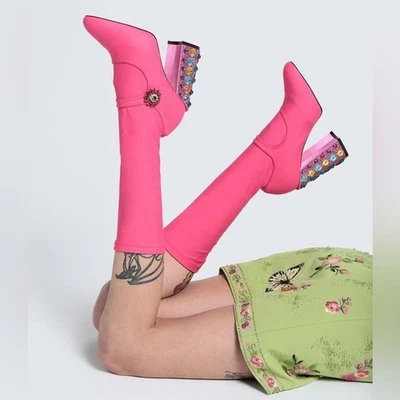 NUEVO EN CAJA Dolce & Gabbana Rosa Nylon Cristal Vally Botas Altas Joya Adornadas 37 Foto 1 de 4